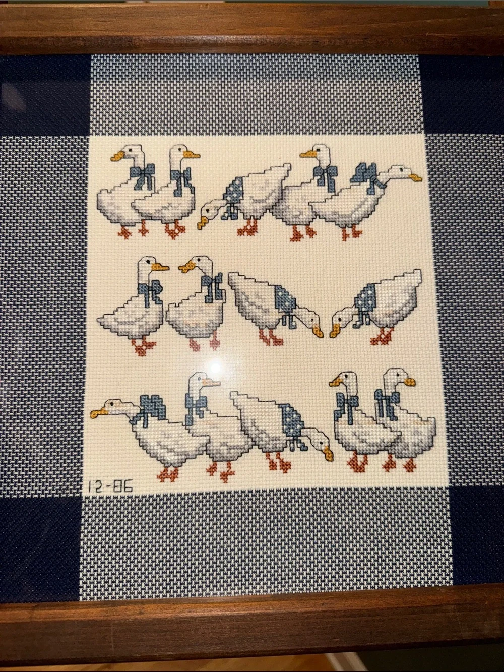 Vintage Framed Cross-Stitch Geese Wall Art - Blue & White w/wooden frame-goose